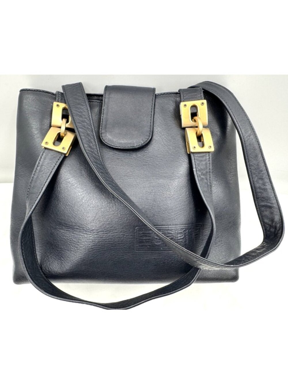 Vintage 90s Y2K Esprit Black Leather Bucket Shoulder Bag Handbag Purse Gold Trim